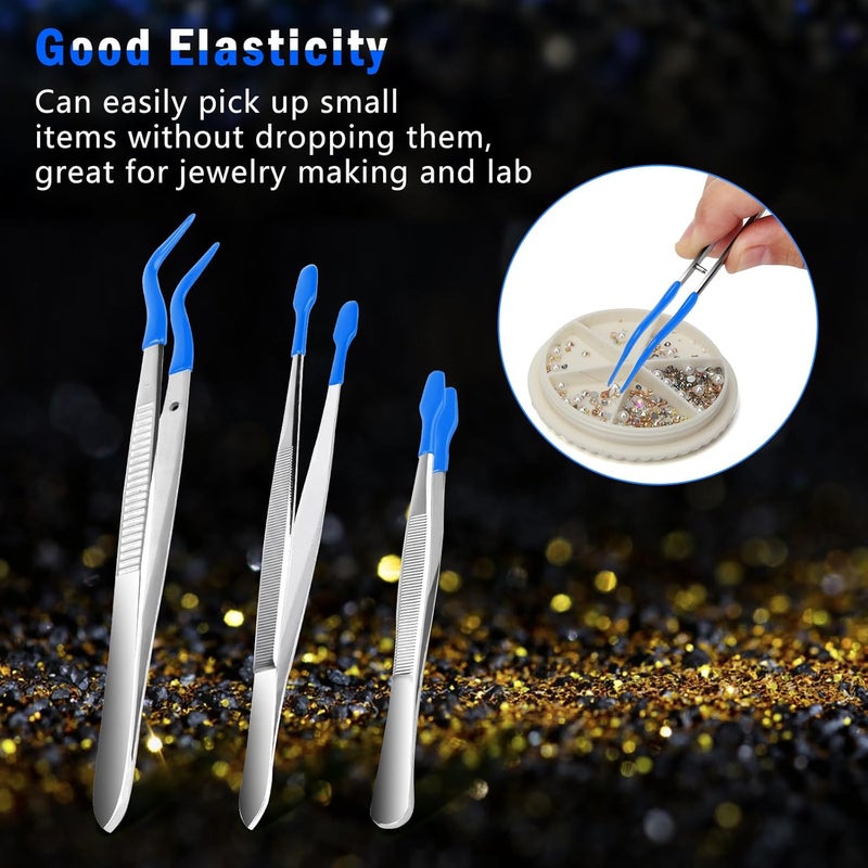 Anglekai 3PCS Tip Tweezers, Silicone Rubber Flat Tipped Tweezers Bent Tip for Jewelry Coin Stamp (Blue) - Image 4